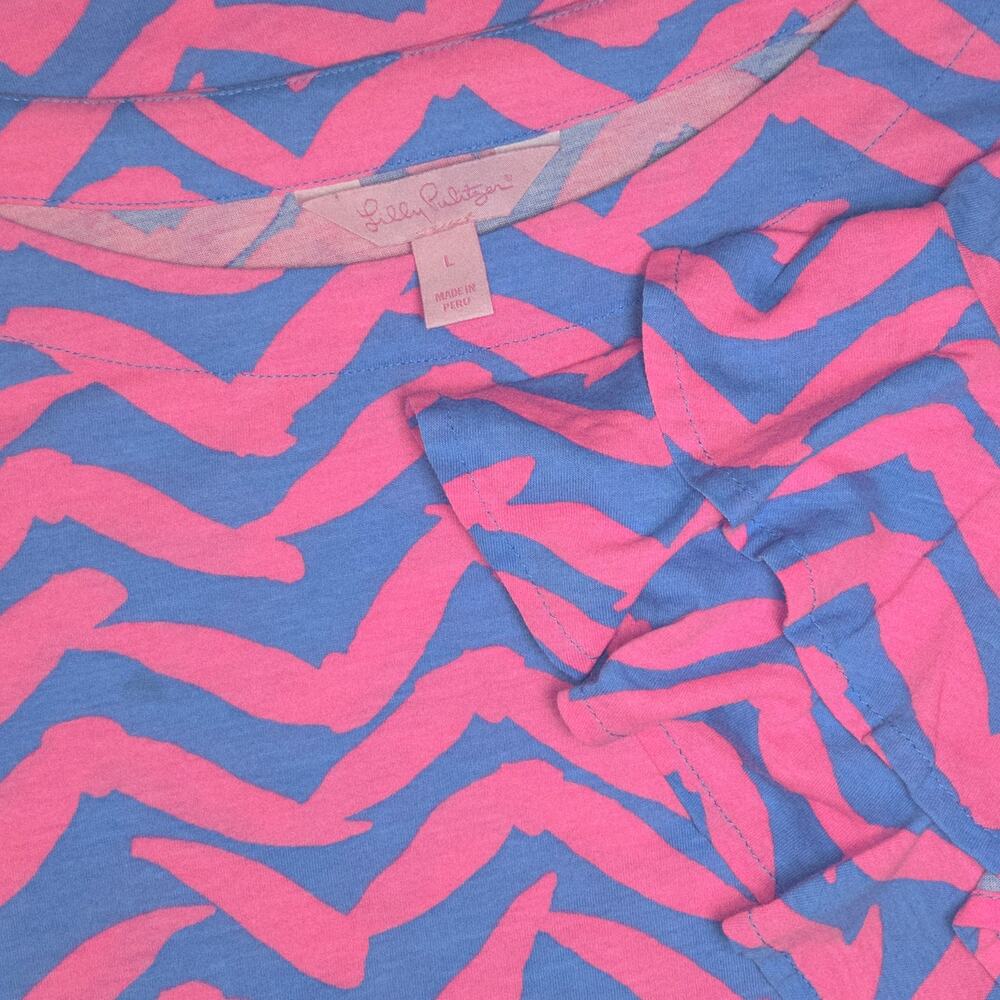 Lilly Pulitzer Top Womens Large Pink Blue Chevron Ruffle Sleeve Pima Cotton